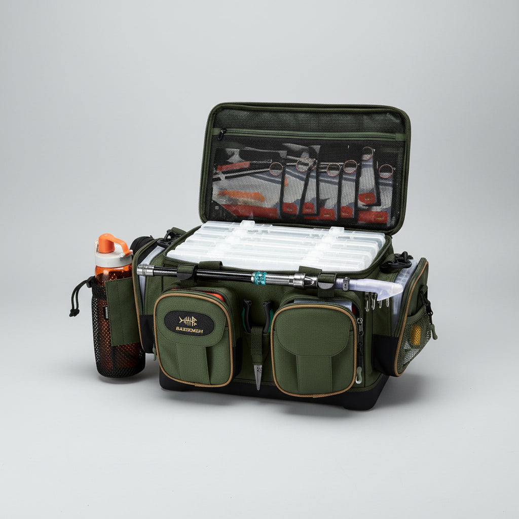 Bolsa de Pesca BASSDASH – Resistente à Água, Leve e com Fundo Rígido Moldado + Capa de Chuva