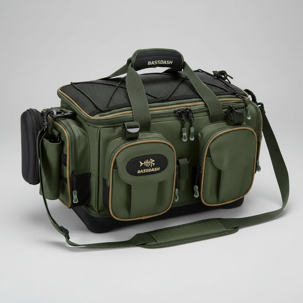 Bolsa de Pesca BASSDASH – Resistente à Água, Leve e com Fundo Rígido Moldado + Capa de Chuva